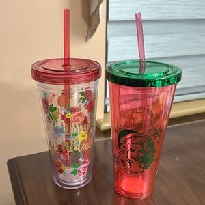 Set of Two Colorful Tumbler Cups with Lids and Straws NWOT
